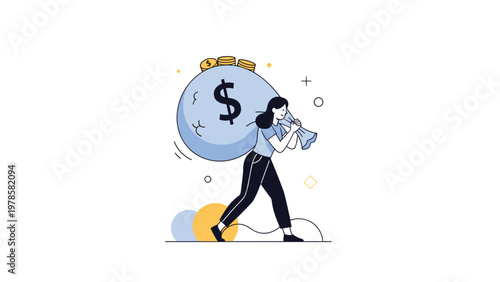 Hardworking woman carrying heavy money bag with dollar symbol representing financial burden or wealth accumulation on white.
