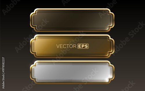 Elegant set of blank golden framed labels or buttons with a glossy metallic finish.