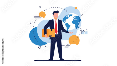 Businessman holding a cardboard box standing in front of global icons and world map representing international shipping and trade.