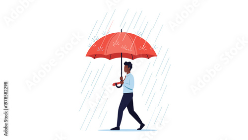 Businessman walking confidently in heavy rain under a large red umbrella symbolizing protection and resilience in business.