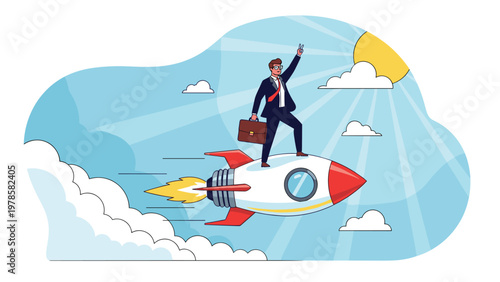 Motivated businessman riding a fast rocket up into the sky towards the sun symbolizing rapid growth and high ambition.