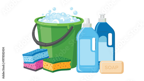 Essential cleaning supplies including a green bucket with soap bubbles, colorful sponges, liquid detergent bottles, and bar soap.