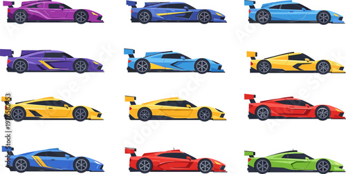 Racing Car Collection with Colorful Sports Cars in Purple, Blue, Yellow, Red, and Green – Vector Illustration Set