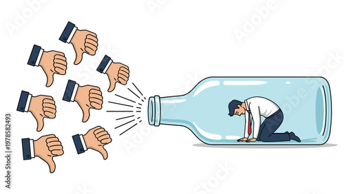Man trapped inside a glass bottle while several hands gesture thumbs down symbolizing isolation and negative social feedback.
