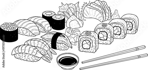 Sushi set with soy sauce outline sketch vector illustration
