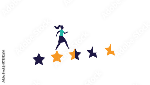 Silhouette of a businesswoman walking across a row of five-pointed stars representing progress and performance ratings.