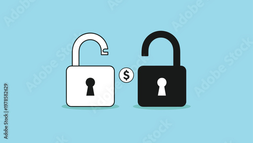 Secure financial transaction concept with two open padlocks and a central dollar sign symbol on a blue background.
