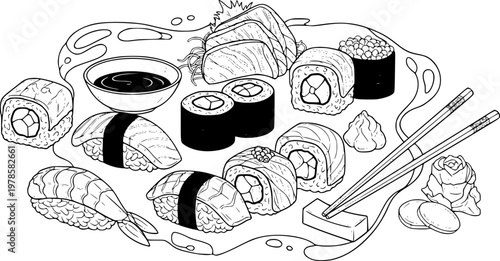 Sushi set with soy sauce outline sketch vector illustration
