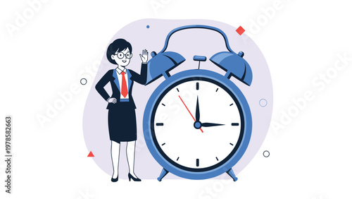 Professional woman standing next to a giant blue alarm clock representing the importance of time management and deadlines.