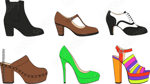 Stylish Set of Hand-Drawn Shoes Including High Heels, Boots, Mules, and Platform for Fashion and Footwear Illustrations