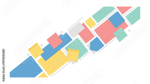 Geometric Abstract with Color: A dynamic composition of colorful geometric shapes arranged on a diagonal axis, creating a visually engaging design with a sense of movement and modern flair.