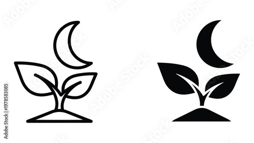 Contrasting depictions of a crescent moon above a sprouting plant with different fill styles