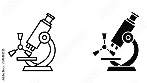 Comparison of traditional and modern microscope designs in black and white illustration