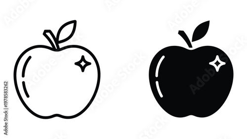 Contrast between a light outline apple and a filled black apple drawing