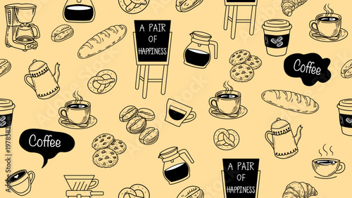 Coffee and Bakery Seamless Pattern Vector Illustration in Hand-Drawn Doodle Style