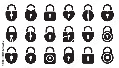 Collection of various padlock and lock icons in black on white background