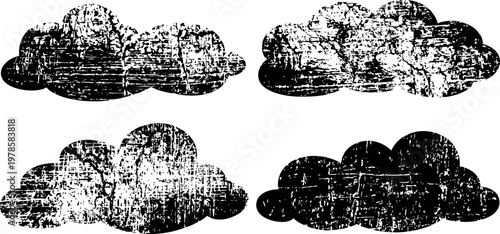 Grunge cloud shapes set four textured cloudy silhouettes in vintage distressed weather design elements collection