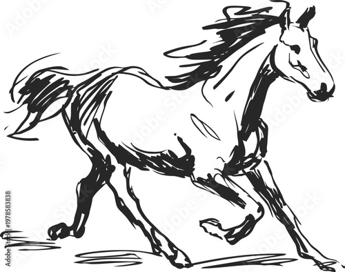 Running horse sketch in dynamic motion hand drawn black ink illustration of a galloping horse