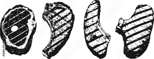 Grilled assorted meat cuts with sear marks, barbecue pattern, black silhouette set