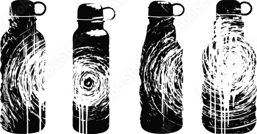 Stylized water bottles silhouette set with textured wood grain circle patterns, black and white design
