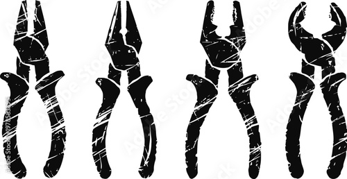 Black grunge pliers set four different metal hand tools with worn texture