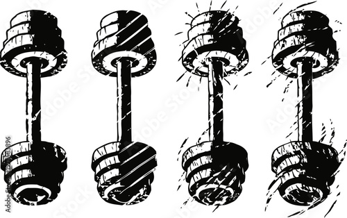 vintage sketch of four dumbbells with different shading and lighting effects, fitness and gym illustration