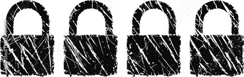 four grunge padlock icons in a row, symbolizing security and protection