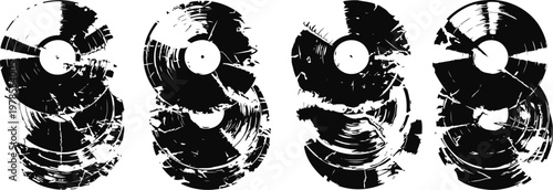 Vinyl record collection with damaged and scratched black discs stacked in groups