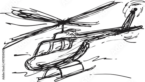 helicopter flying in the sky hand drawn quick sketch of rotary aircraft in motion with spinning rotors and tail rotor