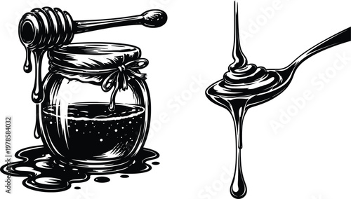 Golden Honey Jar with Dipper Drizzle, Natural Organic Sweet Syrup Illustration.