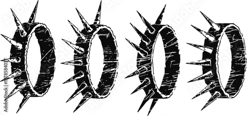 Spiked metal collar set grungy punk accessories with sharp spikes, rough texture and edgy illustration