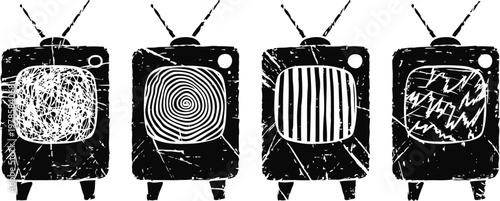 retro television set illustrations with static and distorted screen patterns in black and white
