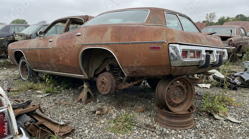 Abandoned Vintage Automobile Resting in Outdoor Junkyard Under Overcast Sky