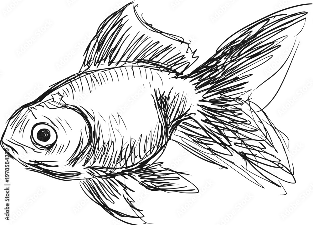 Obraz premium Hand drawn goldfish sketch with flowing fins and detailed scales in black ink illustration
