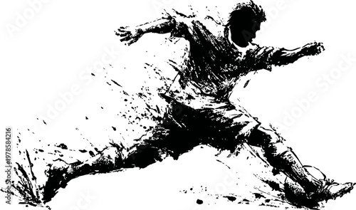 Dynamic soccer player kicking ball with energetic splatter effect, sports action silhouette
