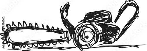 Chainsaw illustration hand drawn black ink sketch of a power tool with blade, handle, and motor for cutting wood