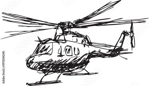 Sketch of a helicopter with detailed rotor blades and cockpit in black ink drawing