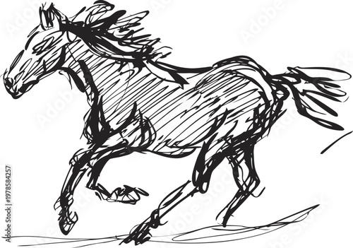 Sketch of a galloping horse in motion with flowing mane and tail drawn in black ink