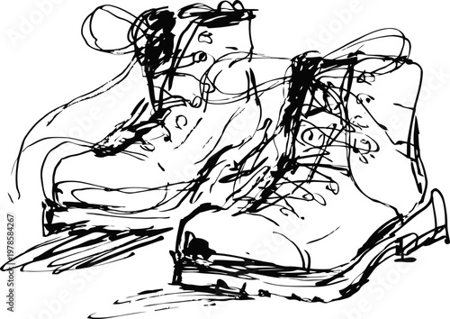 rough sketch of a pair of lace up boots casual footwear with thick soles and visible laces hand drawn ink illustration