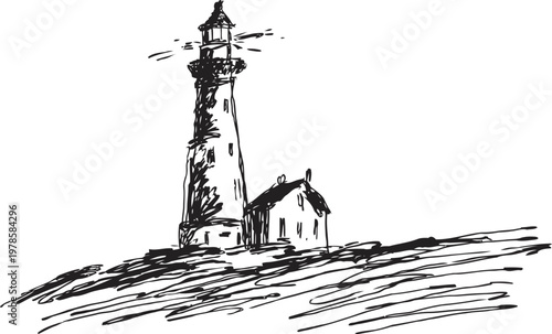 Lighthouse on rocky hill with adjacent small building, nautical coastal beacon sketch illustration