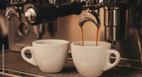 Espresso machine brewing coffee a close up of two cups being filled