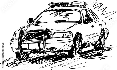 Dynamic black and white sketch of a classic police car with sirens and grille guard in motion