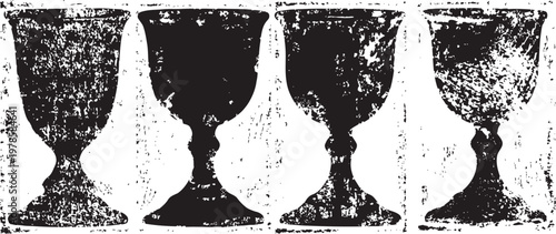 four vintage goblets silhouettes in grunge antique drinkware set in black texture classic wine glasses shapes isolated