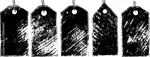 Set of vintage black grunge price tags or labels with string loops, scratched and worn textured design