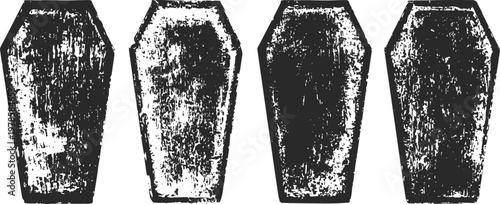 Set of four vintage coffin silhouettes with distressed texture, spooky halloween design elements