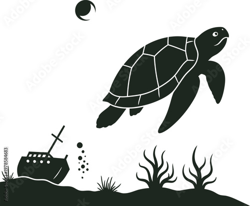 Minimalist vector icon sea turtle swimming past sunken ship silhouette marine scene clean grey single color modern ocean exploration symbol design