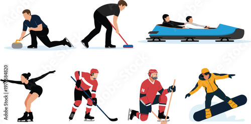 Flat vector illustration set of winter sports athletes featuring ice hockey curli