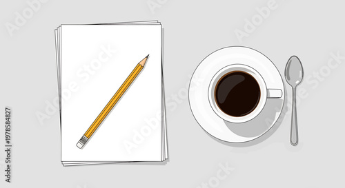 A minimalist vector illustration of a cup of coffee, spoon, and a pencil on a notepad