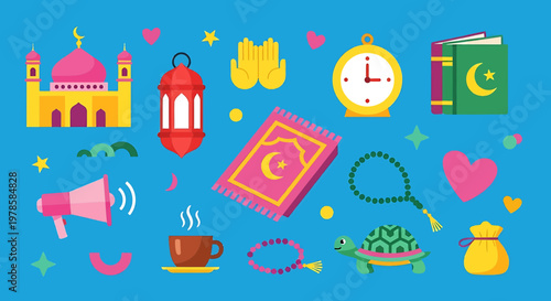 A vibrant illustration of various Islamic symbols and objects on a blue background