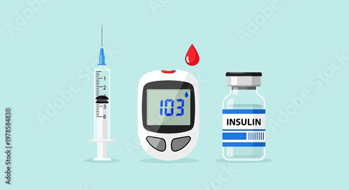 A vector graphic illustration of diabetes management tools including a syringe, glucometer, and insulin bottle.